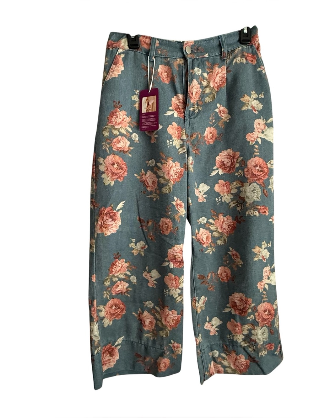 Women’s Floral Wide Leg Pants Cottagecore on Blue w/ Rose Print